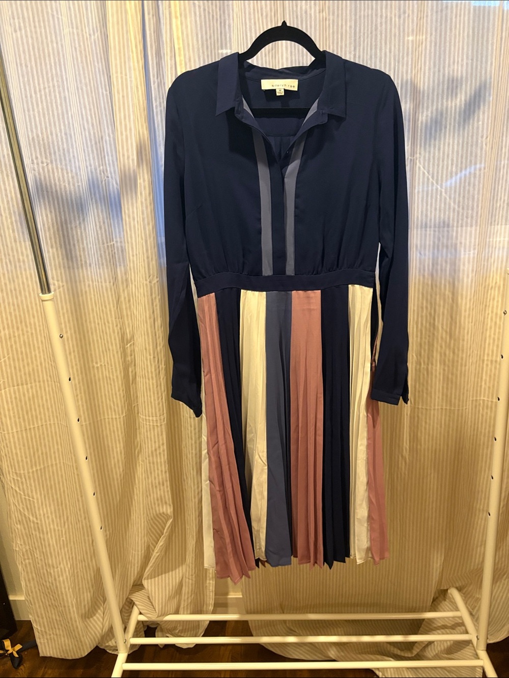 Adelyn Rae Navy Long-Sleeve Pleated Stripe Midi Dress